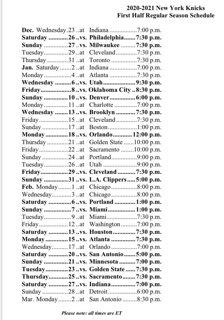 Ny Knicks Schedule Printable