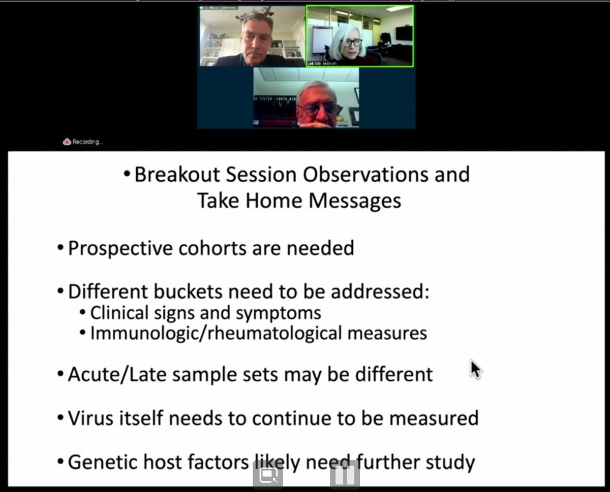 Immunologic/rheumatologic breakout group  #LongCovid:- prospective cohorts are needed. Starting from the beginning would be helpful. Ideally study persons at risk prior to infection to establish baseline parameters- What are key clinical signs & symptoms? Need expert team on it