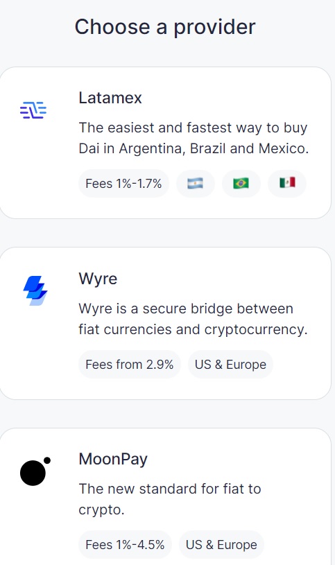 when it was initially launched, DAI was collateralized only with ETH. about 18 months ago, the transition to "multi-collateral" expanded to include other types of coins, such as commercial bank-backed "stablecoins." you can also buy DAI via other 3rd party partners (below):