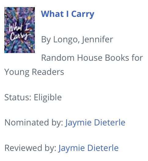 JenLiaLongo's tweet photo. 💜 Thank you so much @CybilsAwards for including #WhatICarry for the #cybils2020 💜 #bookbloggers https://t.co/zg2TCaFz3U