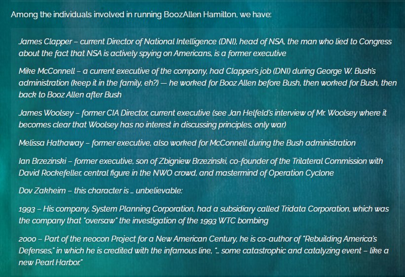 19/..details of the NSA's worldwide surveillance activity. Among the individuals involved in running Booz Allen Hamilton, we have: James Clapper, James Woolsey, and Ian Brzezinski (Mika's brother). Didn't he just quit Dell/NSA because of Clapper? Source:  https://theinterpretor.com/2013/07/01/booz-allen-hamilton-what-you-dont-know-about-snowdens-former-employer/