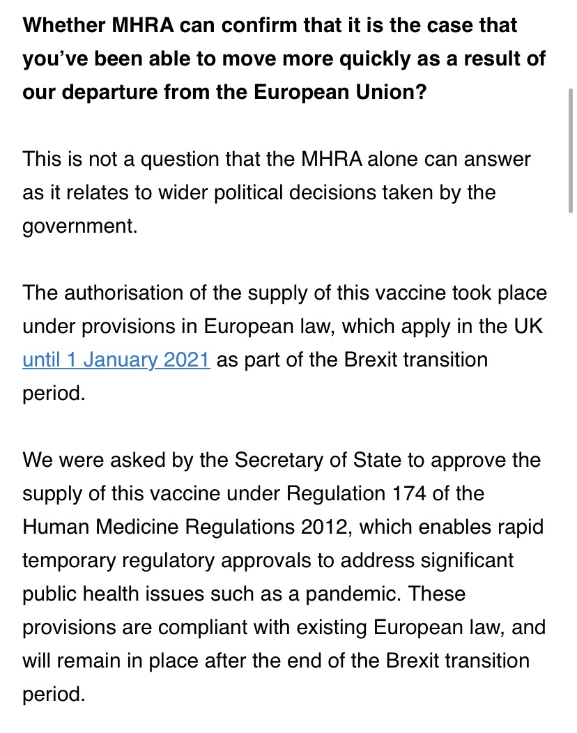 NEW: MHRA issues statement to me on whether or not Brexit accelerated the Pfizer vaccine licencing process.They confirm licencing has taken place under provisions as set out in EU law. By extension Brexit hasn't (as some ministers have claimed) allowed us to licence early.