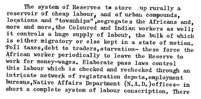 Hosea Jaffe on the centrality of the reserve system and internal controls on the free mobility of labor to South African capitalism (Pyramid of Nations, 1980).