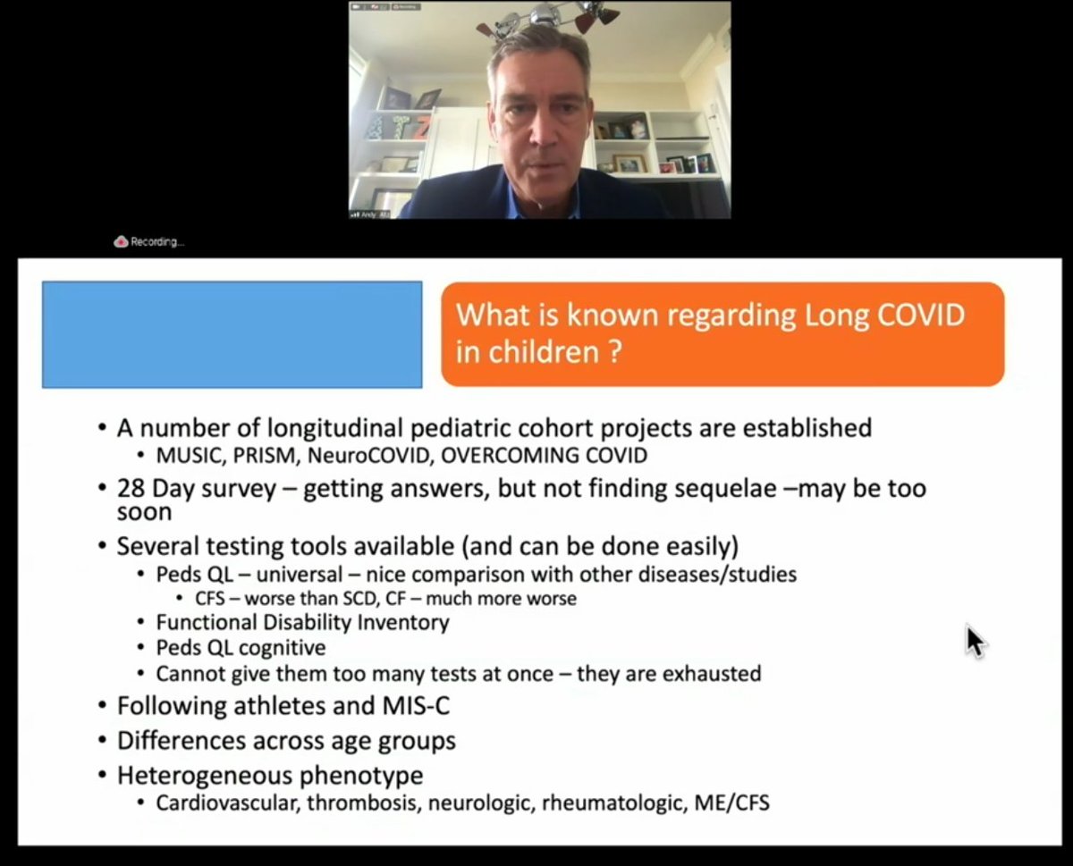 Pediatric breakout group on  #LongCovid:- Observational long term studies. (MUSIC, PRISM, NeuroCOVID, OVERCOMING COVID are several happening now)- He says  #LongCovid probably doesn't even start until first month- How do we assess for quality of life, functional disability