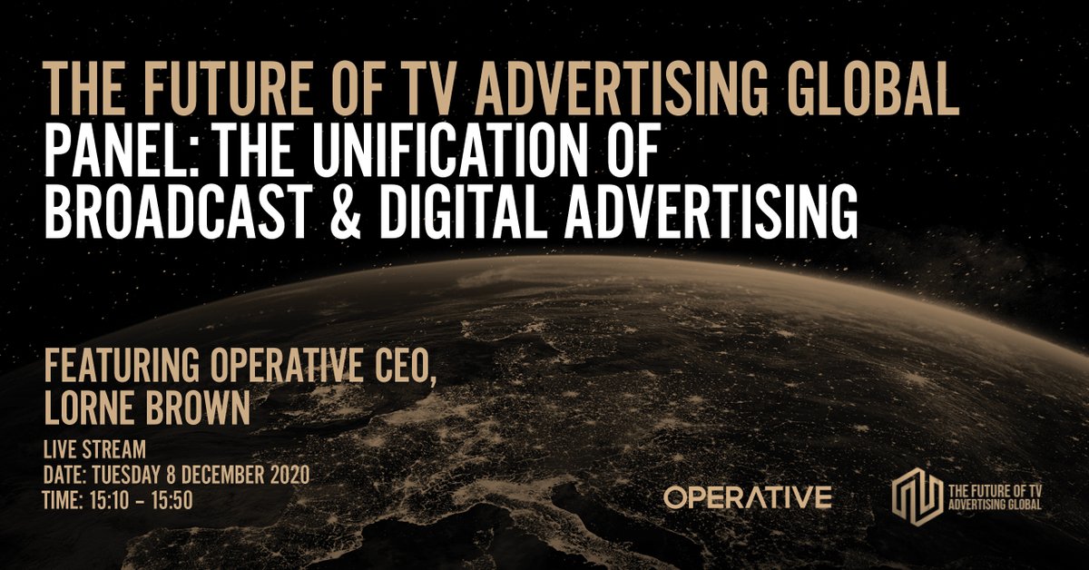 Operative_Media's tweet photo. This Tuesday, Dec 8th at 10:10am EST, our CEO @LorneBrown is joining @VideonetNews live for 'The Unification of Broadcast &amp; Digital Advertising' panel alongside @MeetAmpersand, @SkyUK, and @publicisgroupe. RSVP here to view the live stream: https://t.co/78E5yGOfLF. https://t.co/LGuC6DACss