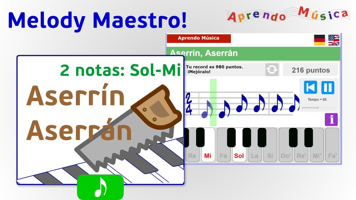 Video demo de Aserrín Aserran youtu.be/8STOTKE-NiQ  juego de #edmusical para practicar la lectura y entonación de las notas sol-mi. Puedes encontrar el juego en aprendomusica.com/const2/57mm_eg…