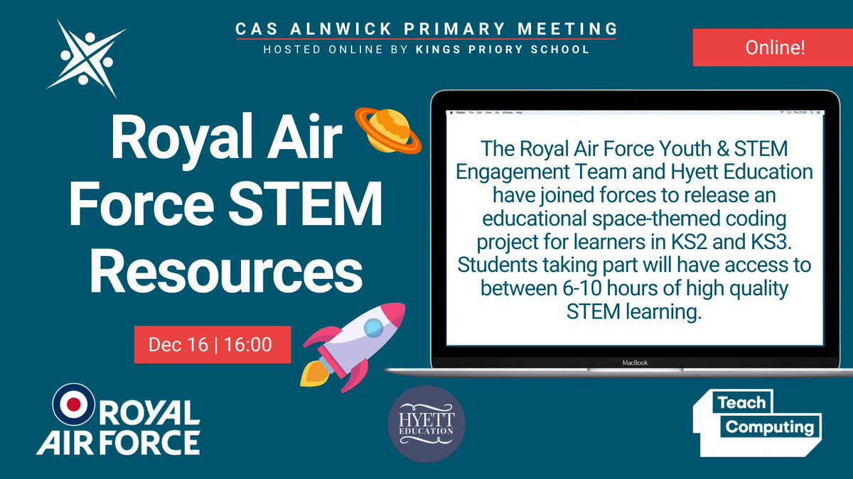 Computing_North's tweet image. Join us and @hyetteducation @rafyouthengage on 16/12 at 16:00 for our next CAS Alnwick Primary Meeting.

We will be looking at their free resources using Scratch, to book this FREE event click below.

Booking Link&amp;gt;bit.ly/3o1cSFr

@CompAtSch
