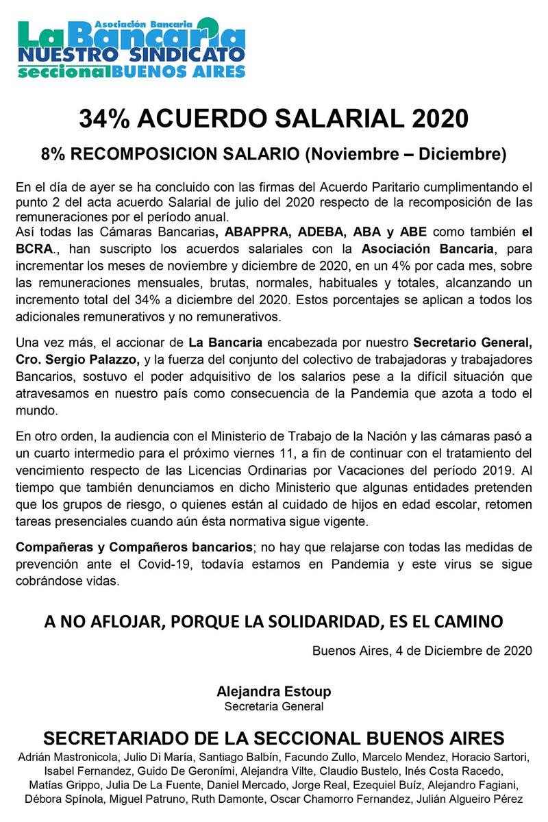 BancariaSBA's tweet photo. 34 % Acuerdo Salarial 2020

https://t.co/24q88pa8eq https://t.co/zQOGwoneg9