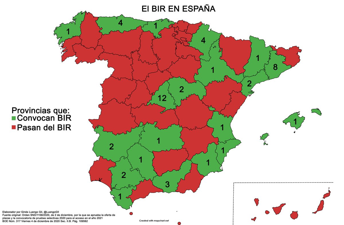 LuengoGil's tweet photo. Aquí les dejo el mapa del #BIR del año 2021. Que se vaya viendo que provincias convocan y cuales no. Llama la atención el hecho de que hay CCAA enteras que han pasado de convocar Biólogos Internos Residentes para sus hospitales. ¿Saben que existimos? https://t.co/HB9pGGljbv