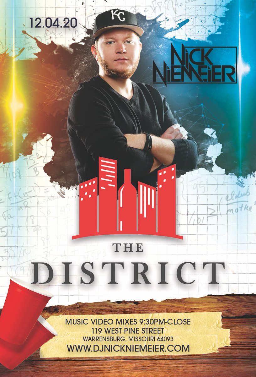 DJNickNiemeier's tweet photo. Headed to #Warrensburg tonight to play at the @DistrictonPine! I’m spinning video mixes from 9:30pm-1am! #UCM let’s go! https://t.co/XToRgjkshg