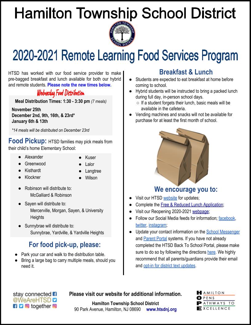 Wed., Dec. 9th - Please LIKE &amp; RETWEET

TIME: Food Distribution will take place today 
1:30 - 3:30 pm at 1️⃣1️⃣ Elementary Schools

Please check Food Distribution flyer for specific pick-up locations.

<a href="/ScottRRocco/">Scott Rocco, Ed.D.</a> <a href="/HTSDSecondary/">Jim Altobello Ed.D.</a> <a href="/oboylejf/">Jim O'Boyle</a>
 <a href="/HamiltonTwpNJ/">Hamilton Township NJ</a>

#HTSD #OneHamilton