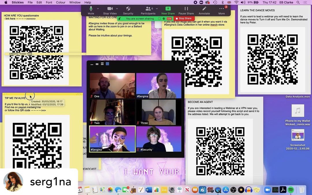 elly_clarke's tweet photo. Yesterday was the final edition of the online episode of @_Sergina’s #participatoryperformance How Are You? & it couldn’t have happened without @Kaajelpatel or @sintheticboi or our 3 stalwart guests. Thanks @CHASE_DTP for hosting us! #chaseve2020 #sergina #howareyou #phdresearch https://t.co/cp3KDWtRlL