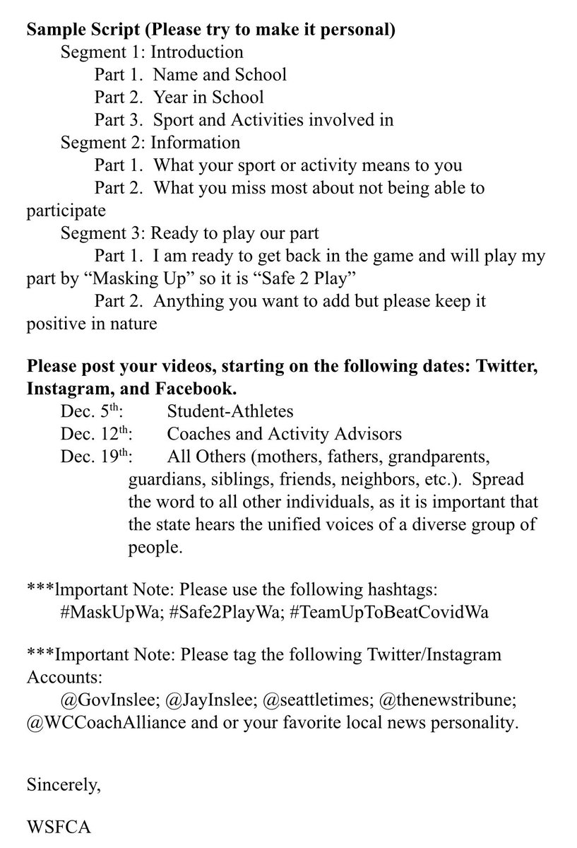 🔰T-BIRDS🔰
⚠️Athletes, Coaches, Families⚠️

Please see attached flyer from <a href="/WSFCA1/">WSFCA</a> and <a href="/WCCoachAlliance/">West Coast Coaching Alliance</a> detailing steps YOU can take to encourage the safe return of Education-Based Athletics in WA! 
#Safe2PlayWA #MaskUpWa 🏈