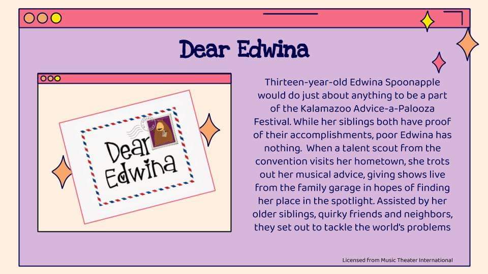 SHDramaticArts's tweet photo. SHDA is proud to announce "Dear Edwina" as our '20-21 musical production!  While we hope to have in-person rehearsals after winter break, auditions will still happen virtually!  Students can find audition information/forms in their school email from shda@shps.org! #DearEdwinaSH https://t.co/ecSVBewJy2