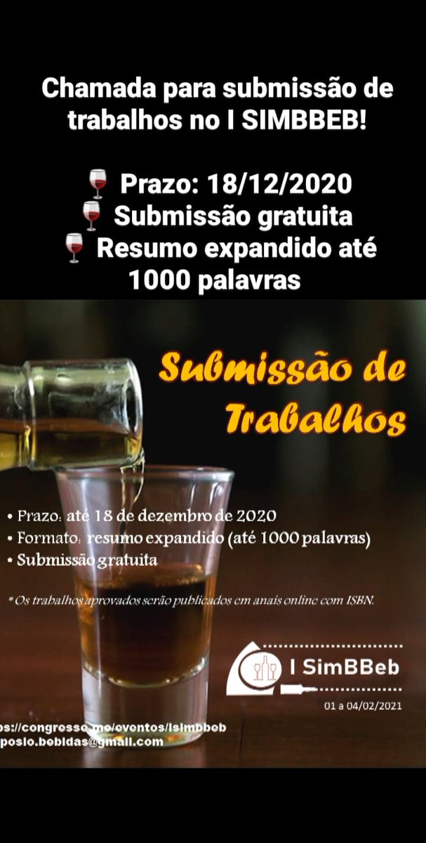 beb_sim's tweet image. I Simpósio Brasileiro de Bebidas Fermentadas e Destiladas 

🍷 Prazo: 18/12/2020
🍷 Submissão gratuita 
🍷 Formato resumo expandido até 1000 palavras 
 congresse.me/eventos/isimbb…
simposio.bebidas@gmail.com