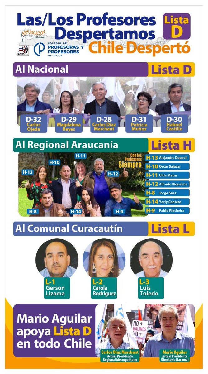 MRefundacion's tweet photo. Elecciones Colegio de Profesoras y Profesores #ComunalCuracautín #ListaL @AguilarMario @diaz_marchant @Patrici93185499 @ojedamur @solomagdalena #ListaD #ChileDespertó #LasYLosProfesDespertamos #RegionalAraucanía #ListaH https://t.co/GdnVAAV4Ae