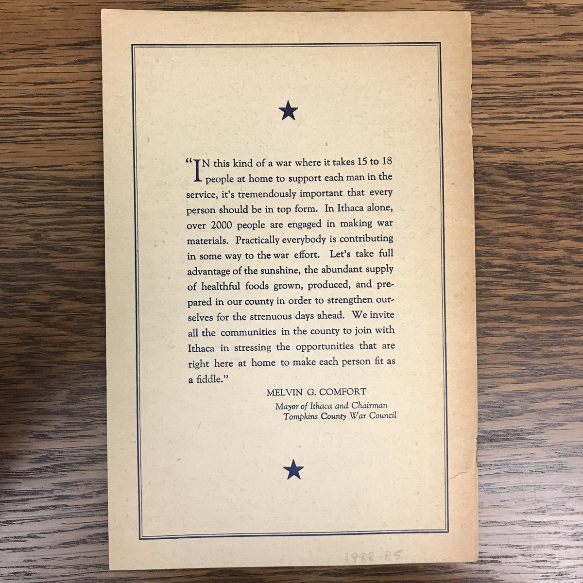 TompkinsHistory's tweet photo. The #ArchivesBakeoff brought our attention to this #TompkinsCounty Wartime Cookbook! Follow this thread for the wise words of then #Ithaca Mayor and Chairman of the Tompkins County War Council Melvin G. Comfort from the back of the book.
#CookbookCollection V-15-1-4.
#twithaca https://t.co/Z3UI3iYi1b