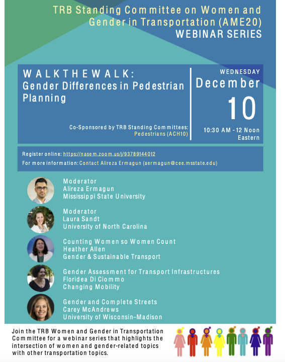 Looking forward to sharing the results of Counting Women so Women Count <a href="/FIAFdn/">FIA Foundation</a> in TRB Webinar <a href="/NASEMTRB/">TRB</a> @Walk21Network <a href="/TUMInitiative/">🚶‍♀️🚶‍♂️🚴🚍⚡</a> 
W A L K T H E W A L K : Gender Differences in Pedestrian Planning Dec 10, 10:30 to 12:00 Noon Eastern
Register here: nasem.zoom.us/j/93397689829