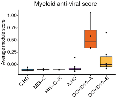 Finding #1: MIS-C patients are + for anti-SARS-CoV-2 antibodies but not necessarily viral RNA. We also found that the anti-viral gene signature in  #COVID19 patients is not seen in MIS-C. Still unclear if MIS-C could be set off by another post-viral microbial trigger (gut?). (4/n)