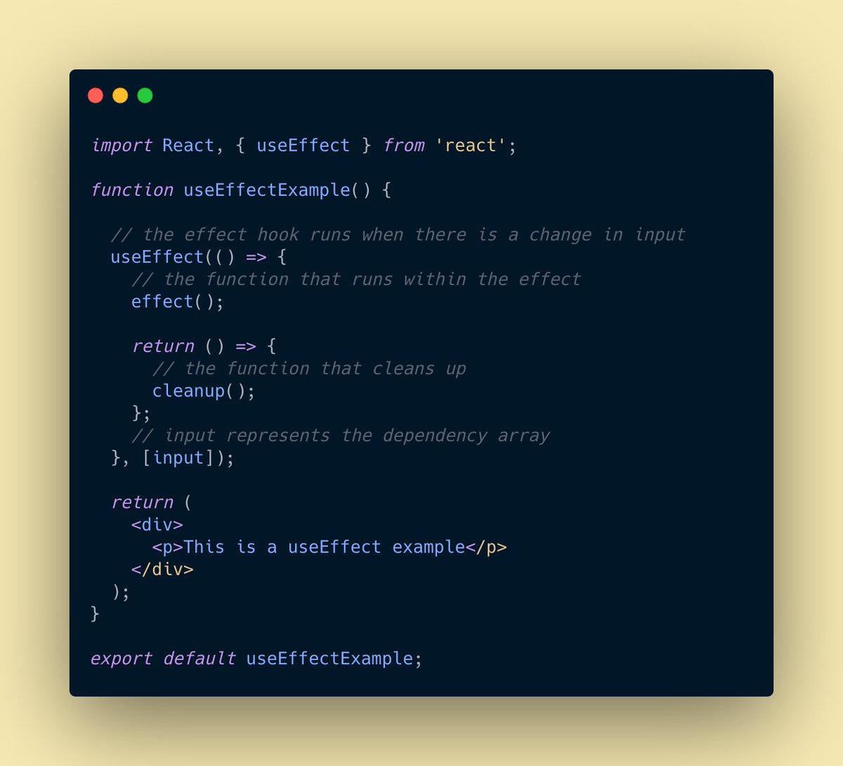 How does useEffect work ? useEffect function is defined inside the component. This way, we can access a components variables, state and props without having to write any additional code.