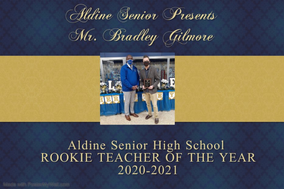MrWStewart's tweet photo. Mr. Bradley Gilmore selected 2020-2021 Rookie Teacher of the Year @AldineHS_AISD.
@drgoffney @KatyRoede @ToddLindeman4 https://t.co/48pjWyIg44