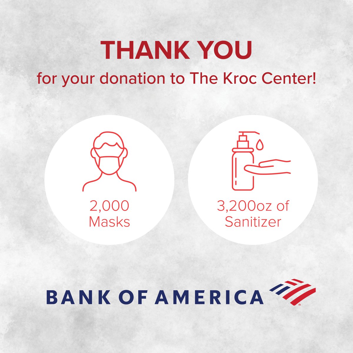 Help us in thanking Bank of America for donating 2,000 masks and 3,200oz of hand sanitizer to The Kroc! Their generous donation saved us hundreds of dollars in needed supplies that will help keep our team and those we serve safe during these unprecedented times.
#BofAGrants