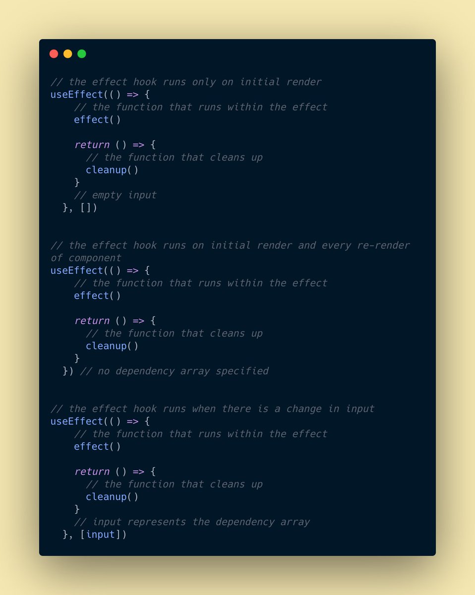 We need a way to tell react when we want the useEffect function to render. That is, a way to conditionally render effects.This is possible with the dependency array.What do we mean by a dependency array?