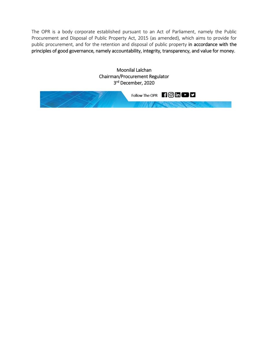 TheOPRTT's tweet photo. Public Advisory #15 Notice:
The OPR’s Position on the Public Procurement and Disposal of Public Property (Amendment) Bill, 2020
For more information, visit our website: https://t.co/29z244T2xc
#trinidadandtobago I #oprtt I #procurementintrinidad I #procurement I #disposal https://t.co/3X7oRykCIB