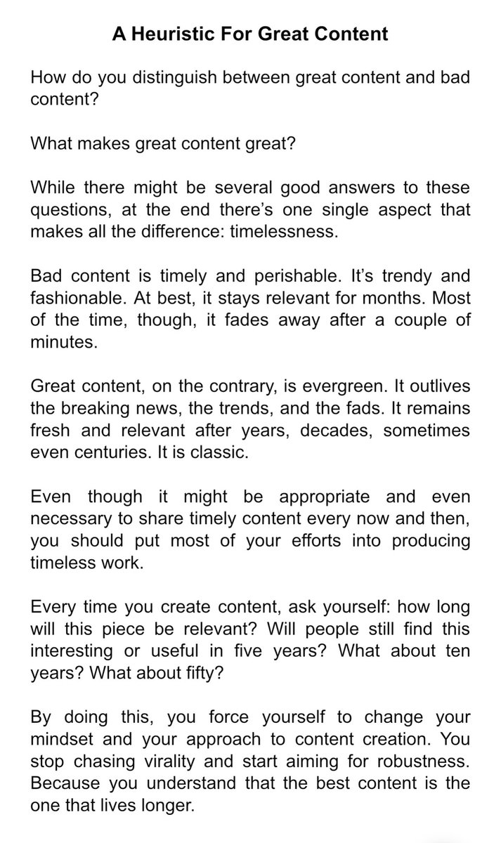 How do separate great content from bad content?How do you recognize them?I think David was onto something big when he tweeted this.And that’s what today’s essay is about.“A Heuristic For Great Content” (19/30).  https://twitter.com/david_perell/status/1305896778420625409