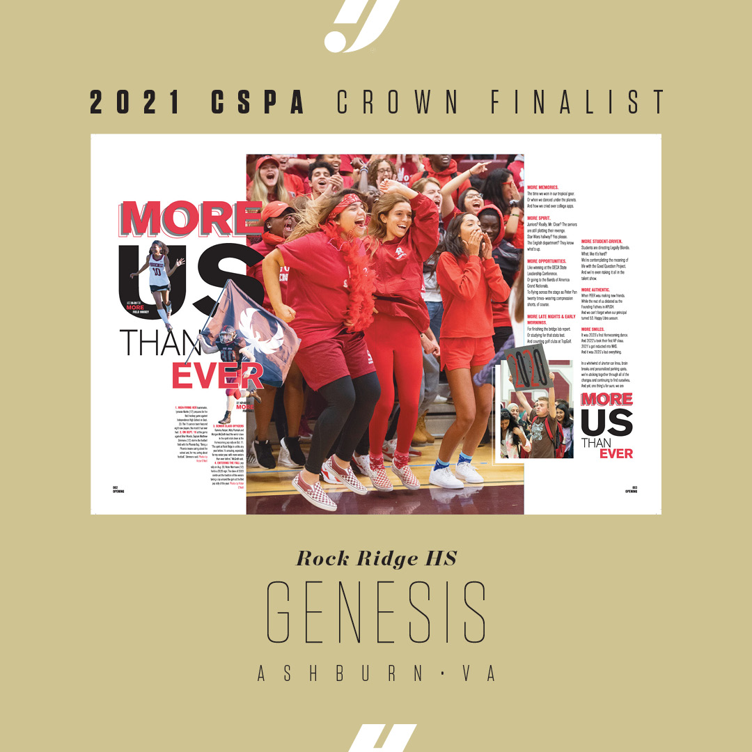 Congratulations to Michelle Menna and the GENESIS staff for making the elite list of 2021 <a href="/CSPA/">Columbia Scholastic Press Association</a> Crown Finalists. Finalists were announced today and honored 2020 yearbooks will be recognized during a March 2021 CSPA presentation from New York City.  
<a href="/RockRidgeYBK/">Rock Ridge Yearbook</a> <a href="/RockRidgeHigh/">Rock Ridge High</a>