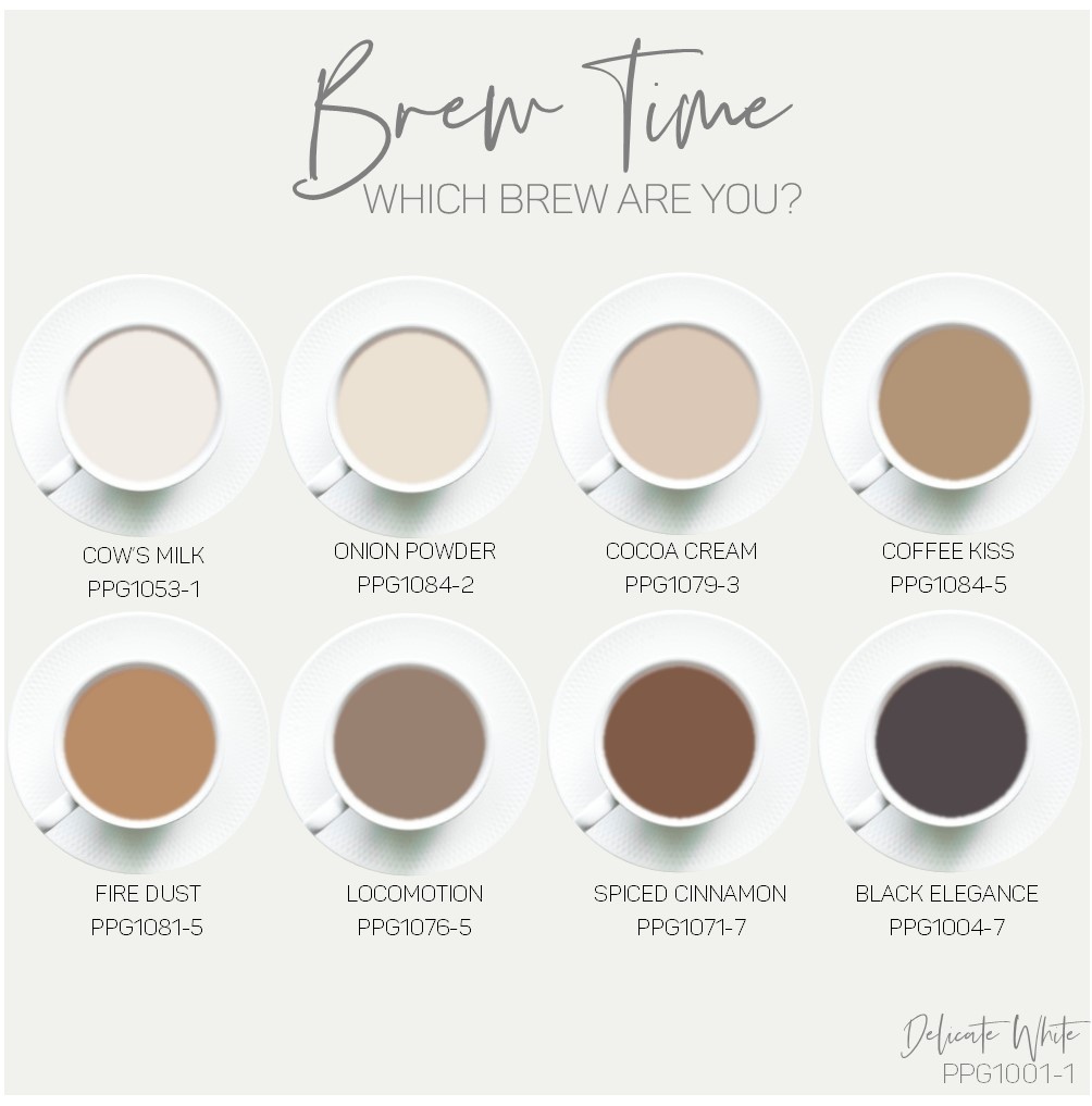 A brew inspired colour palette (neutral and earthy tones are massive at the moment!) with the added bonus of some heated discussion on 'which brew are you?!'
.
Just type the name into the colour match box if you want any of these shades yourself! 
.
l8r.it/omnQ
