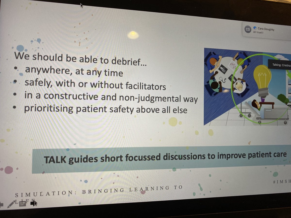 #ClinicalEventDebriefing to improve patient safety, teamwork, resilience. An honor to teach with &learn from @crisdiaznav @INFOdebriefing @esleonc @JenArnoldMD @paulmullan20 @PLIngrassia @laurakanerock, led by @debriefmentor, tech magic by @jameslipshaw. View it at #IMSH2021  !