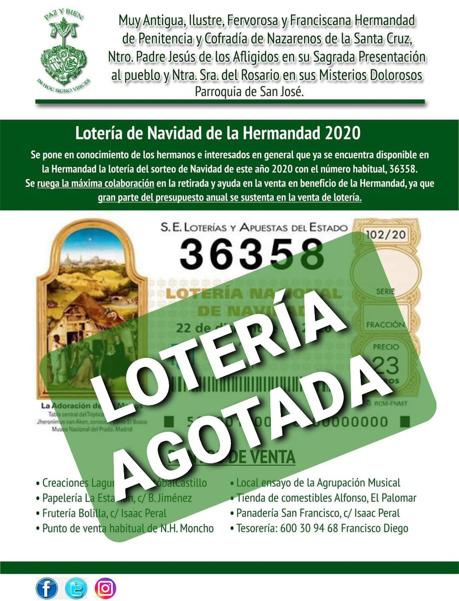 hdadsantacruzpg's tweet photo. #SantaCruzTesorería | LOTERÍA AGOTADA.

Queramos informar de que ya no disponemos de lotería para el sorteo extraordinario de Navidad.

(1/2) https://t.co/aUWQXCTmTX