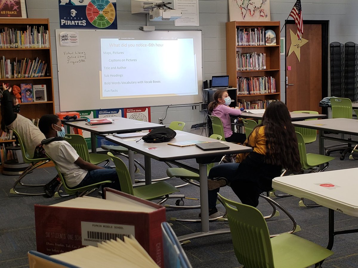 PipkinMiddleLC's tweet photo. Informational Text Feature exploration in the Library. Students achieve when teachers collaborate with their librarian. Let's team teach! @Pipkin6thGrade @PipkinR12 #spslib https://t.co/z4gbfeE1Ms