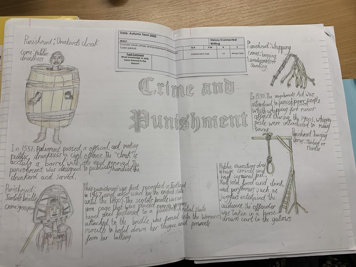 MrsSTeach10's tweet photo. @MissStanleyYr6, your double page spreads always inspire new ideas. Here’s my Year 5’s double pages on Crime and Punishment from the Tudor era! #edutwitter https://t.co/DYysKwcNz2