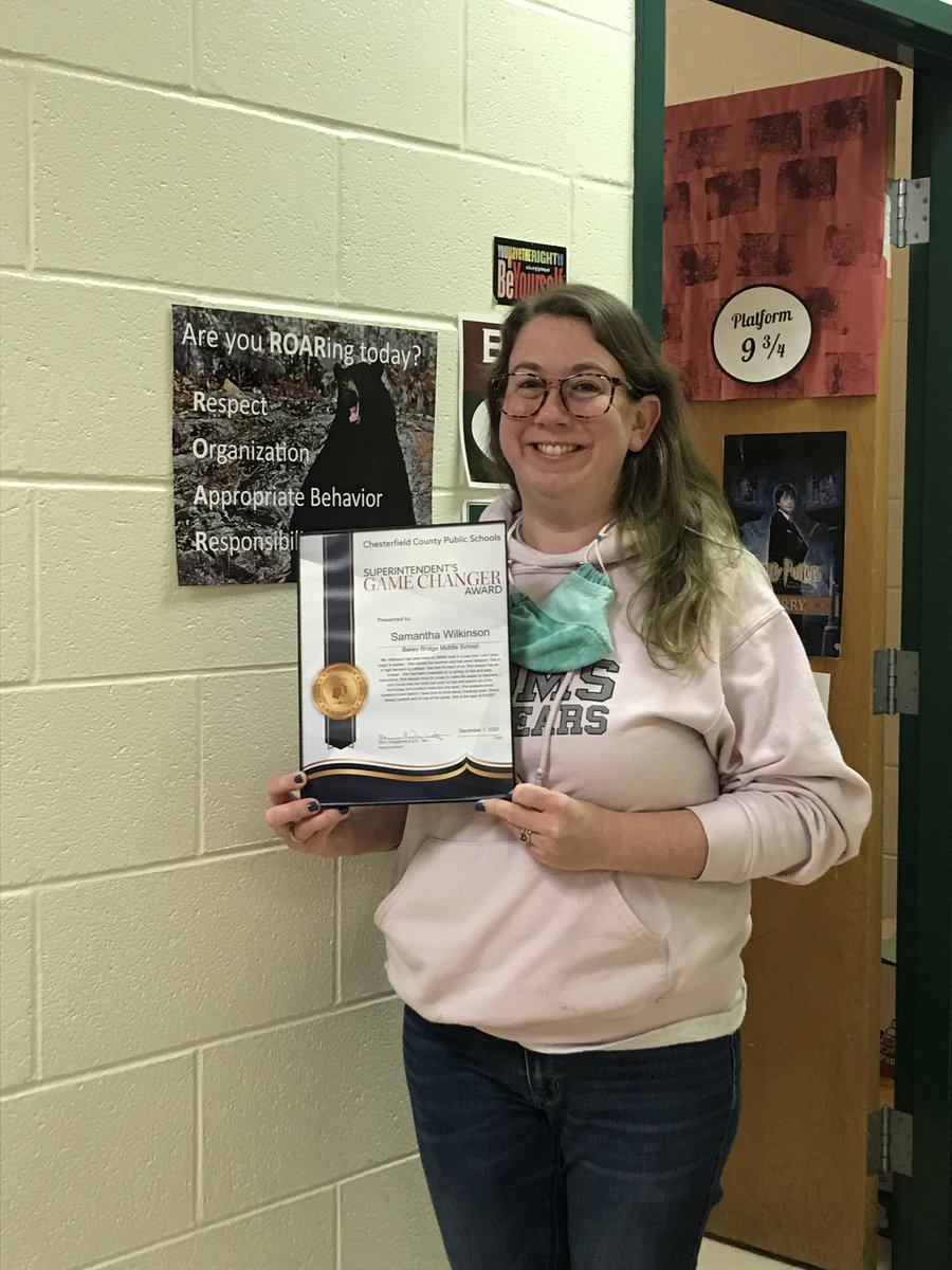 What an exciting day! Two of our amazing BBMS Bears received Superintendent's Game Changer Awards! Congratulations to Amanda Boor and Samantha Wilkinson!  Thank you to Dr. Daugherty and Mr. Harter for coming to BBMS to recognize two extremely dedicated Bears! #oneCCPS