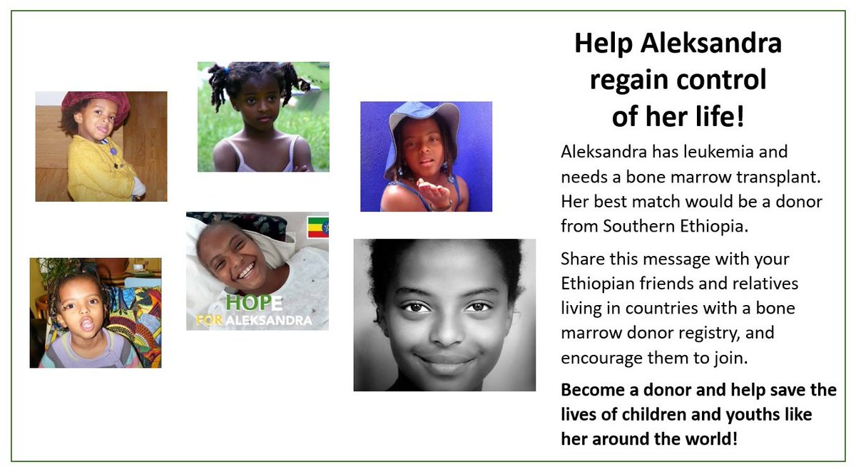 HopeForAleks's tweet photo. @KristinAkin1 Help us find a bone marrow donor for Aleksandra. Pls read message from her parents https://t.co/Yzju7dkgem… and share with Ethiopian communities in countries with a donor registry.
Countries with a registry: https://t.co/nHVEKysHYE… 
#HopeForAleksandra Pls Retweet https://t.co/1ZaNx0ST2O