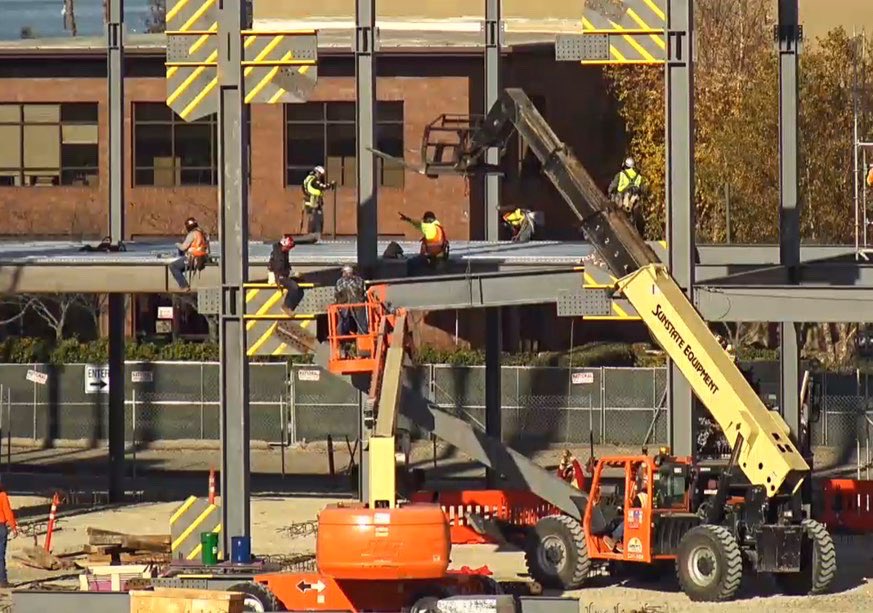 TippingSE's tweet photo. The #steel going up at 1951 Harbor Bay in Alameda, CA! Tipping's structural design incorporates BRB Mast Frames — and a Friday #FunFact: the protected zones in yellow stripe lines are where you can’t drill through to ensure the structural integrity. @pankowbuilders @brick_arch https://t.co/1RKbdkYefH