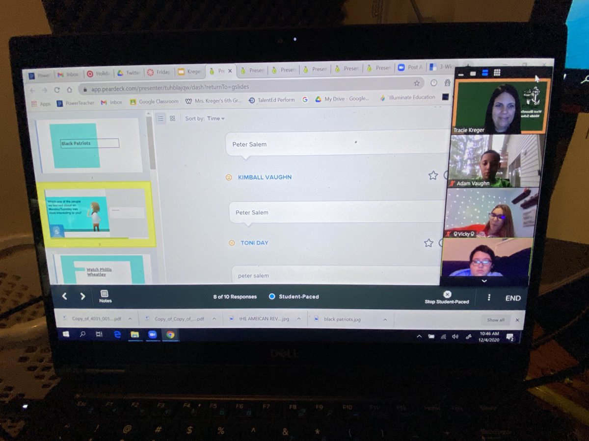 In breakout rooms using Pear deck, students watched short videos on Black Patriots in the American Revolution and then dicussed and reflected on their contributions to the war. #C2CinWB #WBMS2020