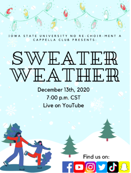 Come join our virtual end of semester show, Sweater Weather! It will be premiered as a livestream on December 13th at 7:00 PM CST on our Youtube channel linked here: youtube.com/channel/UCo-ih…