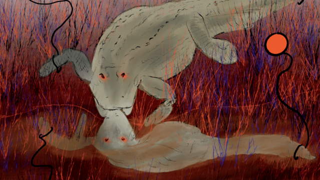 griefforest's tweet photo. “Grief is cumulative,” said Alligator’s reflection. His tail splashed the swamp and the Griefs rippled orange and blue. “It builds up inside if you don’t express it when you feel it.”

https://t.co/vVSkjTco7F https://t.co/e9xEscCP6W