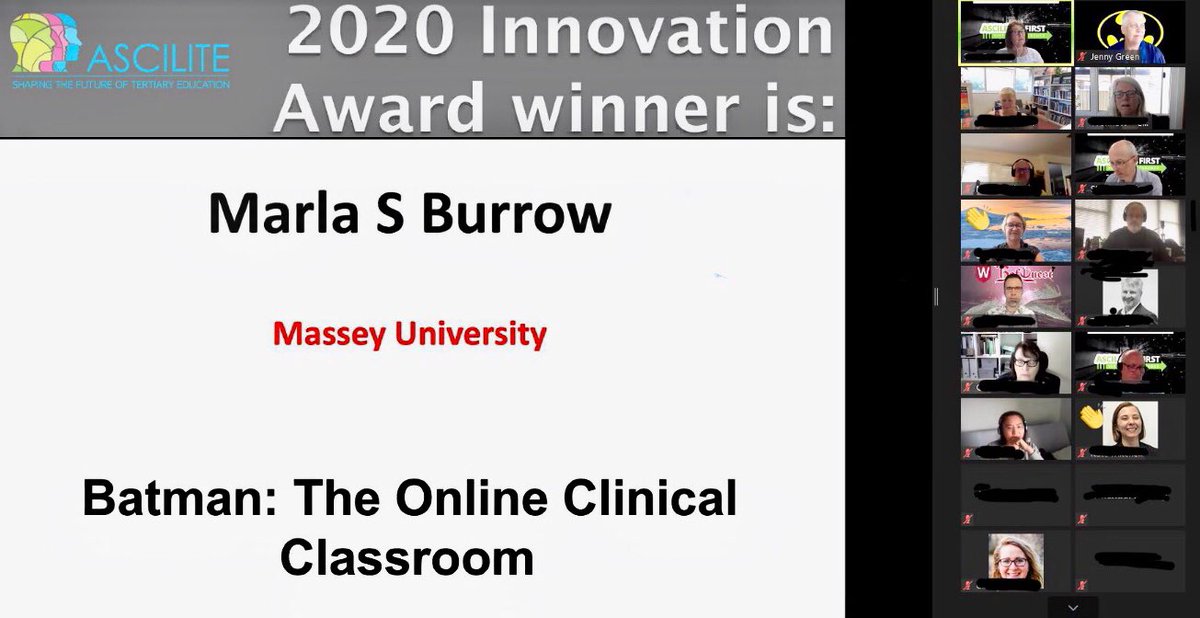 JennyGreenNZ's tweet photo. 3/3 Our teaching team are delighted to have won the ASCILITE Innovation Award for 2020 for our Batman: Online Clinical Classroom. https://t.co/kd6KvA15er @marlaburrow @shelley_vdk @claire_minton @MasseyUni @MasseyUniHealth #rapidpivot #hybridlearningenvironments #Number8wire https://t.co/S9AKD3HNnY