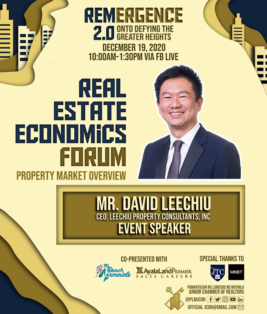 PLMJCOREP's tweet photo. We're ending the event with a bang! 

PLM-JCOR is honored to announce that Mr. David Leechiu, the CEO of Leechiu Property Consultants Inc., will grace his presence as the Event Speaker on our Real Estate Economics Forum, held this December 19, 2020 via FB Live. 

#JCOR2020 https://t.co/fHGP5ZxPUM
