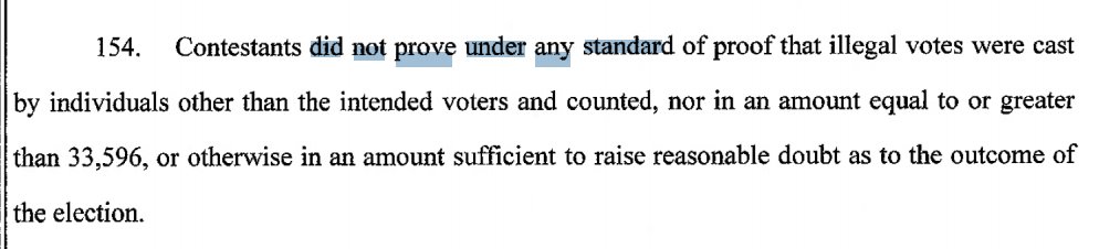 They "did not prove under any standard of proof" that any voter other than an intended voter voted, let alone at sufficient margins.