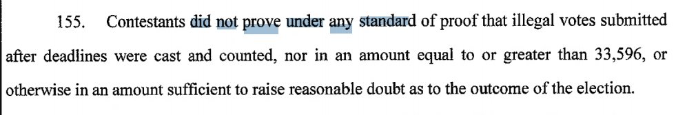 They "did not prove under any standard of proof" that ballots were illegal accepted after deadlines, let alone at sufficient margins.