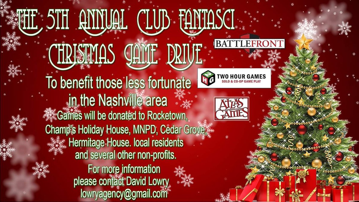 The 5th Annual Club Fantasci Christmas Game Drive!
We take new & used! Plz consider donating board games, comics, toys, gift cards etc.. PLZ share!
#boardgames #games #tabletopgames #clubfantascichristmasgamedrive #christmas #nashville #musiccity #rpg #toys #comics #donations