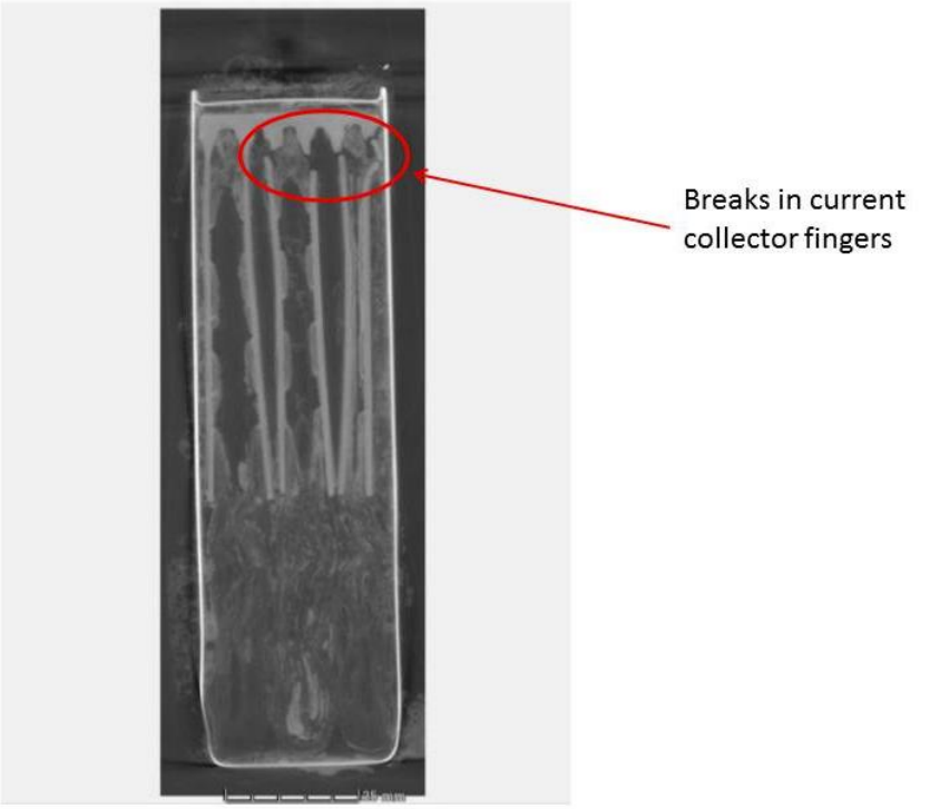in fact, both cell #5 and #6 had broken current collectors -- remember, these are the fingers that electrically connect each jellyroll to the main cell terminals. this is pretty suspicious too.