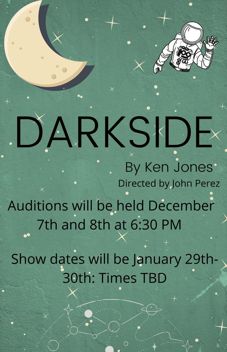 CsusbPPG's tweet photo. Hey pears! Auditions for Dark side will be December 7th and 8th at 6:30 pm over zoom. 

Please come prepared to read sides. 

The show calls for 4 male actors and 2 female actors and will be done in a hybrid setting bouncing back and fourth between zoom and the Barnes theatre! https://t.co/jNo96odpM0