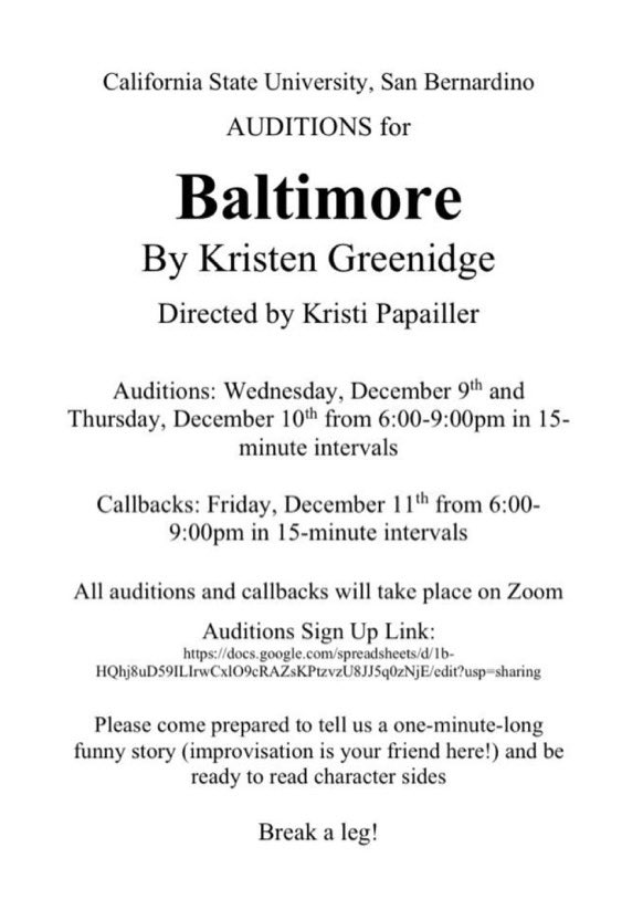 CsusbPPG's tweet photo. Hey Pears!! Auditions for Baltimore are Wednesday, December 9th and Thursday, December 10th from 6-9pm in 15 minute intervals.  Auditions and call backs will be on zoom. Please come prepared with a one-minute long funny story and be prepared to read character sides! https://t.co/sTLT3Gl0uM