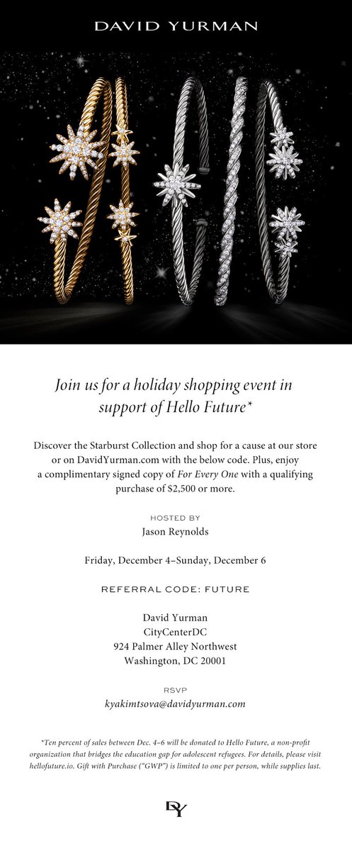 JasonReynolds83's tweet photo. So I’m partnering with ⁦@DavidYurman⁩ in DC. Get your love something fly, and some of the proceeds goes to wonderful organization, ⁦@_HelloFuture,⁩ AND you get signed by copies of every single one of my books AND a zoom chat where I’ll be acting silly the whole time. https://t.co/BX5YG7Nssy